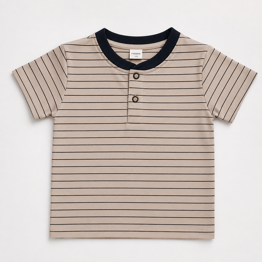 Beige Striped Kids Henley T-shirt