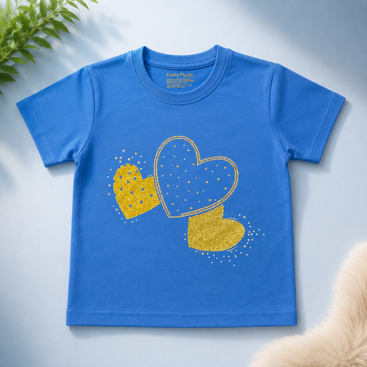 Golden Glitter Hearts Kids Cotton T-shirt
