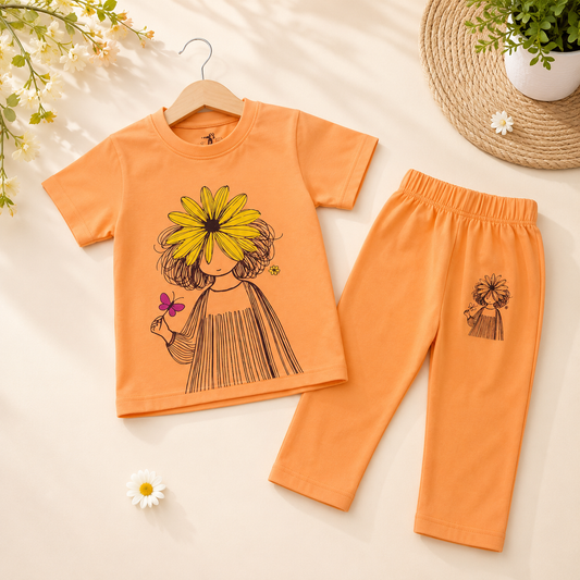 Sunflower Girl Cotton Half Sleeve T-shirt & Full Trouser