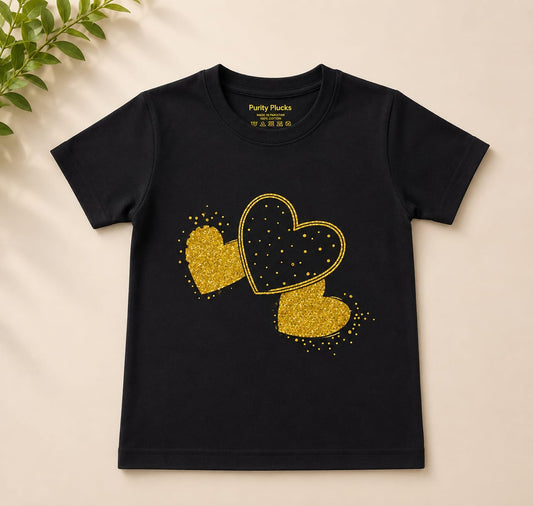 Golden Glitter Hearts Kids Cotton T-shirt